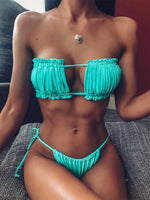 Elegant Purple Swimwear Women Sexy Off Shoulder Pleate Bikini Bandeau Hollow Out Lace-Up Push Up Bathing Suit Thong Swimsuit