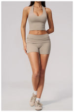 2PCS Yoga Set Women V-neck Cross Neck Shock-absorbing Sports Vest Workout Pleate Flip High Waist Shorts Gym Runing Fitness Suits