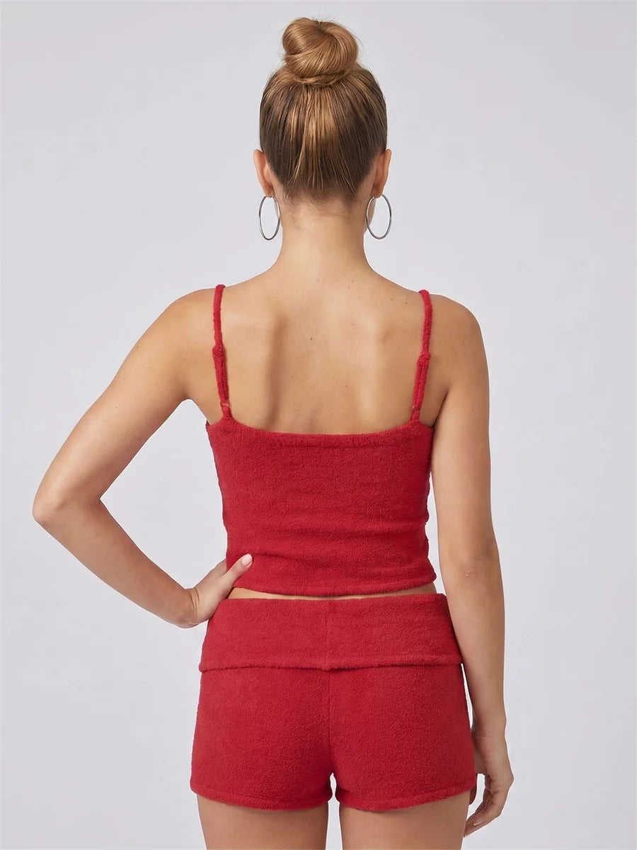 Women 2 Piece Outfits Sleeveless Low Cut Tank Tops Foldover Shorts Sets Summer Daily Casual Fitness Street Solid Color Knit