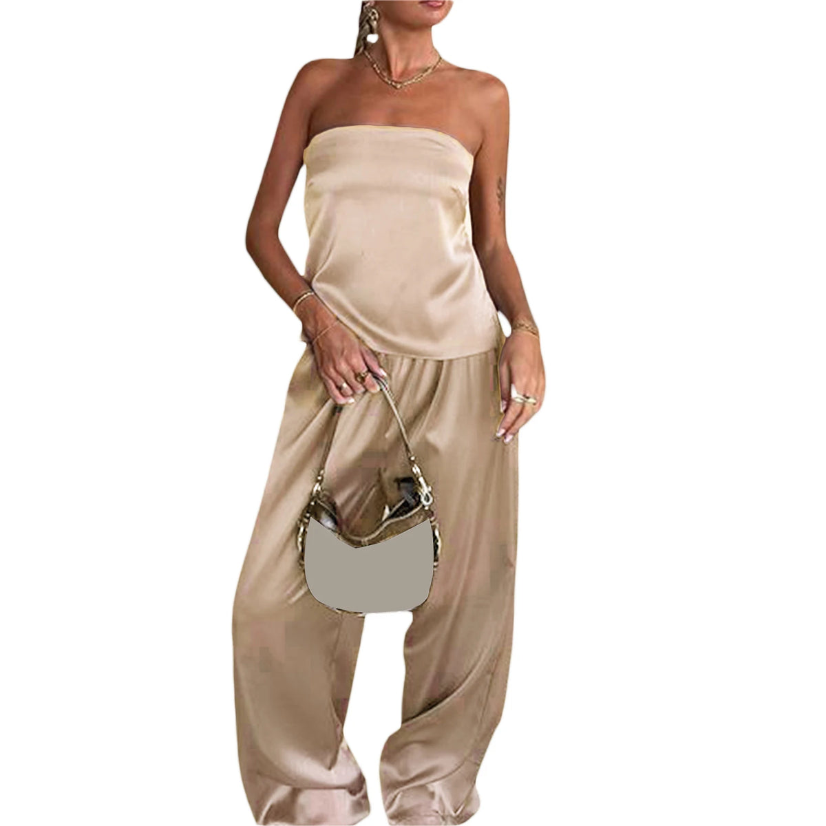 Women 2 Piece Pant Outfits Bandage Backless Bandeau Tops and Elastic Wide Leg Pants Set Streetwear Aesthetic Summer Clothes