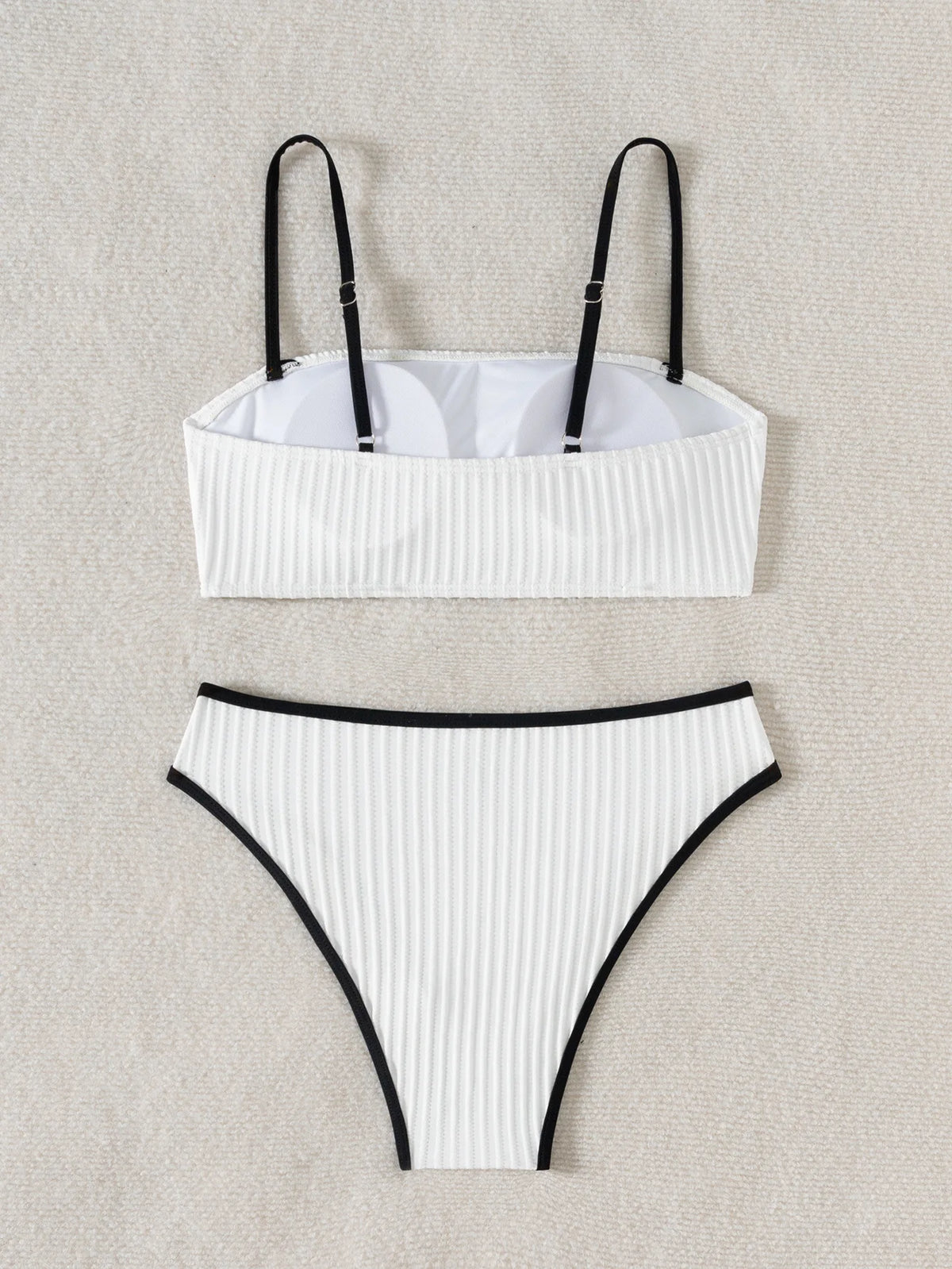 2025 Rib Piping Bandeau High-Rise Bottoms Bikini Set Trendy Beachwear Straight Neckline High Rise Swimwear Swimsuit Bathing Suit