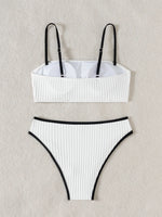 2025 Rib Piping Bandeau High-Rise Bottoms Bikini Set Trendy Beachwear Straight Neckline High Rise Swimwear Swimsuit Bathing Suit