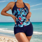 Women's Conservative 2 Piece Swimsuit Black Stripe Print Patchwork Tankini Bikini Set Suspender Cross Backless Bathing Suit 2025