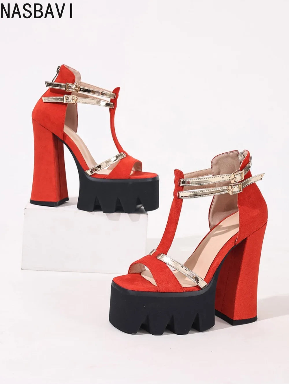 Women's Flock Suede Leather T-Strap Platform Sandals Chunky High Heels Elegant Sandals Sexy Party Shoes Rose red England 34-43