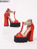 Women's Flock Suede Leather T-Strap Platform Sandals Chunky High Heels Elegant Sandals Sexy Party Shoes Rose red England 34-43