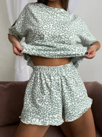 Summer Sleepwear Women Leopard Print Sexy Hottie Round Neck Short Sleeve Shorts Suit Pyjamas Set Homewear Loungewear