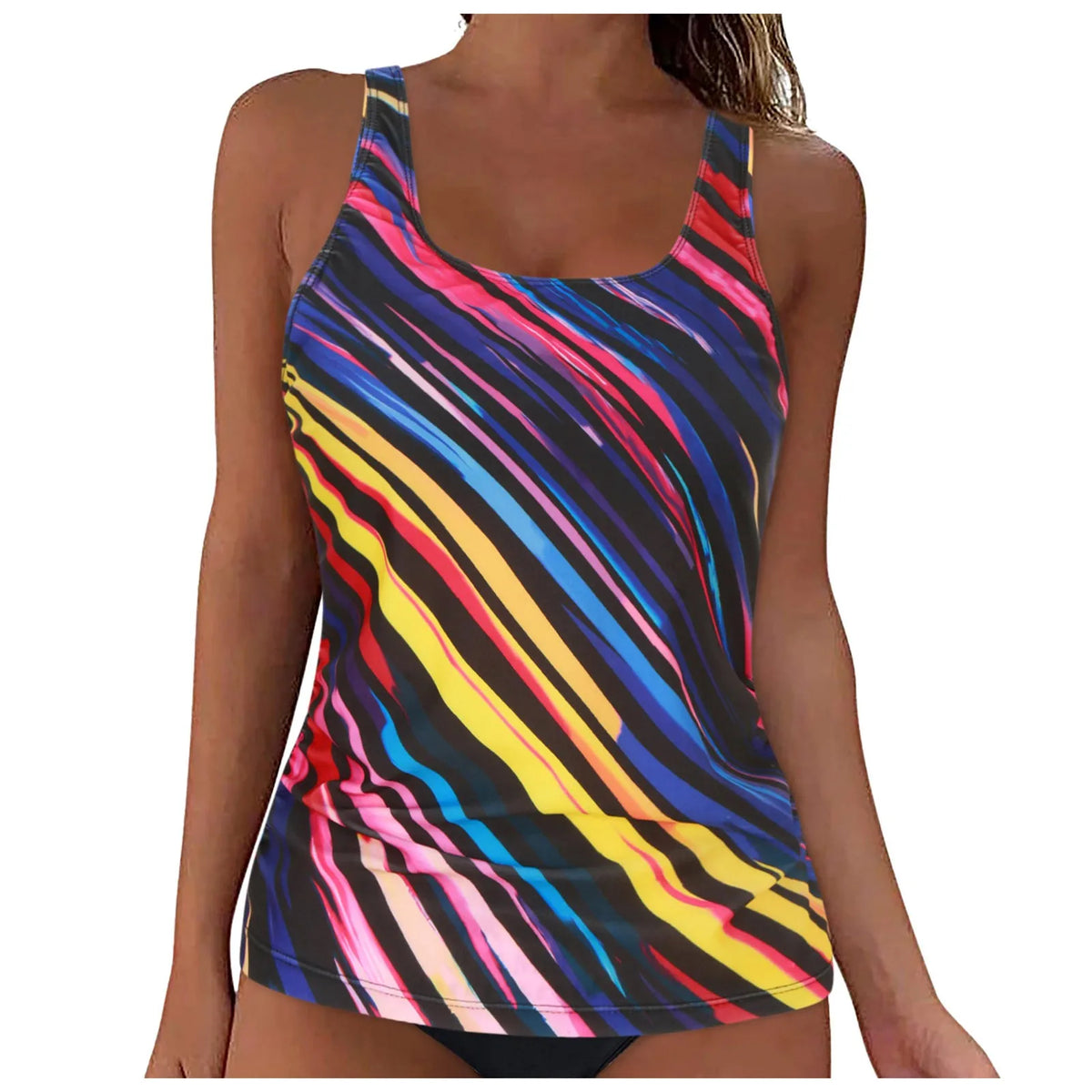 Women Summer Swimwear Loose Fit Scoop Neck Sleeveless Tankini Top Bohemian Tie Dye Print Bathing Suit Padded Swimsuit Top Xxl