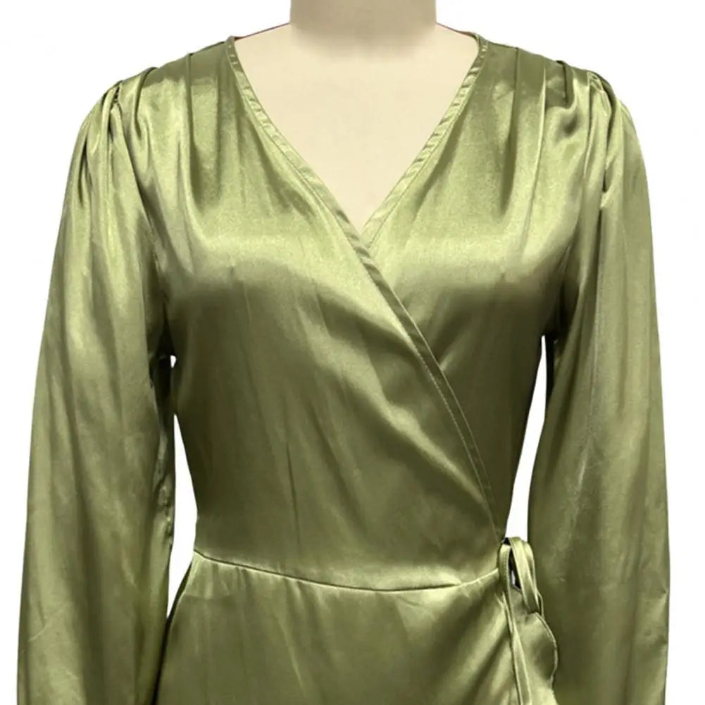 Smooth Satin Ruffle Trim Dress Women Mini Dress V-Neck Lantern Long Sleeve Side Lace-up Dress Solid Color