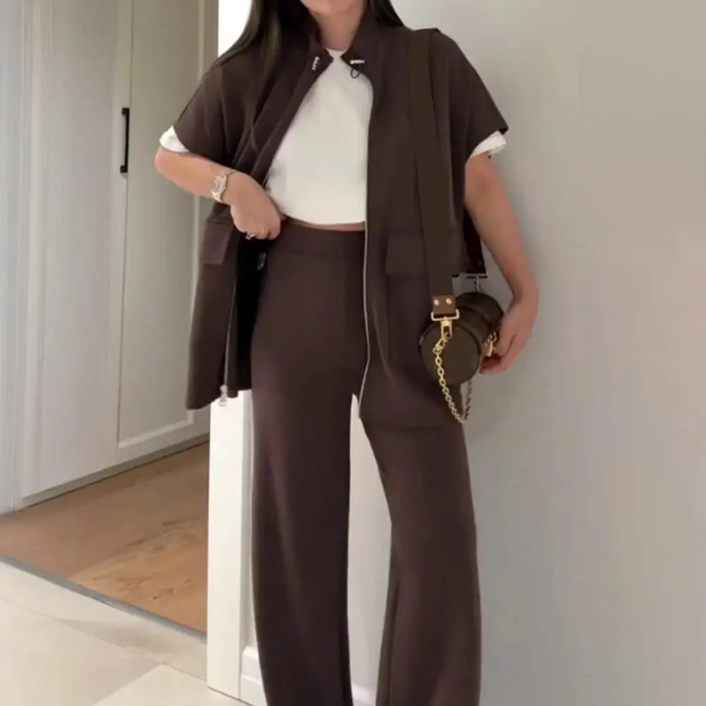 Women's Two Piece Outfit Casual Full Zip-up Short Sleeve Shirt And Wide Leg Pants Set Office Casual Lounge Tracksuit