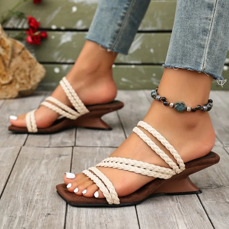 2026Women's Fashion High Heels Sandals Square Toe Wedge Heeled Dress Shoes Woman Comfort Slip on Thin Strap Sandals
