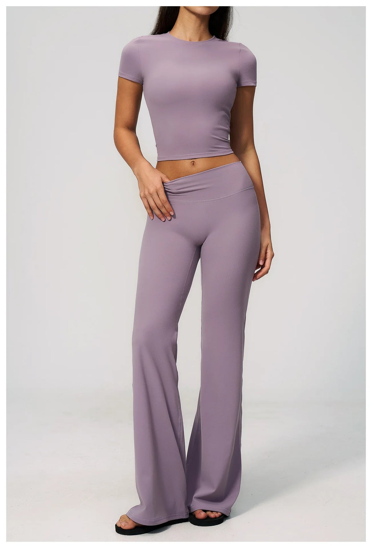 Creamy 2 Pieces Workout Suit Women Yoga Outfits Short Sleeve O Neck Slim Sports T Shirts High Waist Flare Pants Gym Fitness Sets