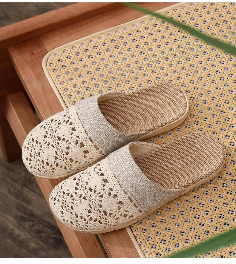Women Indoor Linen Slippers 2025 Spring Summer Shoes Anti-slip Light Weight Breathable Lace Couples Home Floor Slides