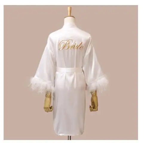 Women FEATHER Bride Bridesmaid Wedding Robe Satin Kimono Bathrobe Gown Nightwear Embroidery Letter Nightgown V-Neck Lingerie