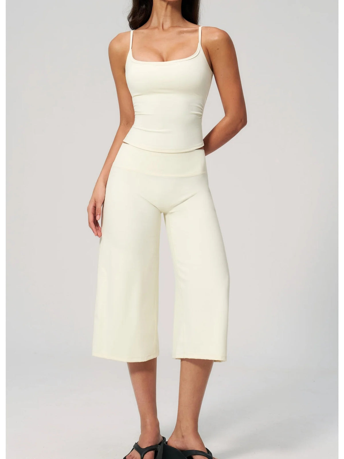 Gym Workout Yoga Sets Women Square Neck Slimming Sports Tank Top Fitness Gym Suit Outdoor High Waist Flare Pants Two-piece Set