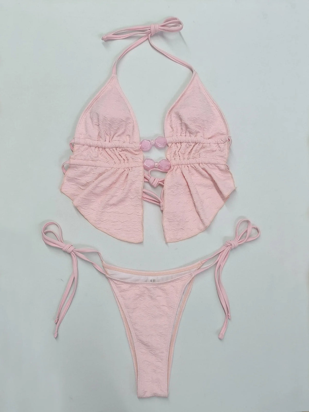 Sexy Thong Bikini 2026 Mujer Women Pink Pearls Hollow Out Pleate Ruffles Push Up Swimsuit Beach Bathing Suit Holiday Swimwear