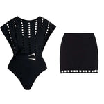 New 2Pcs Black Hollow Swimsuit Women Sexy Swimwear With Midi Skirt Push Up Bikini Female Biquini Bathingsuit Bodysuit Beachwear