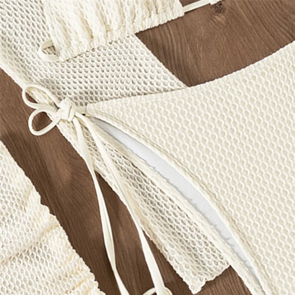 Beige Mesh Halter String Triangle Micro Thong Bikinis Sets 4 Pieces Long Sleeve Cover Ups Sexy Swimsuit Women Holiday Swimwear