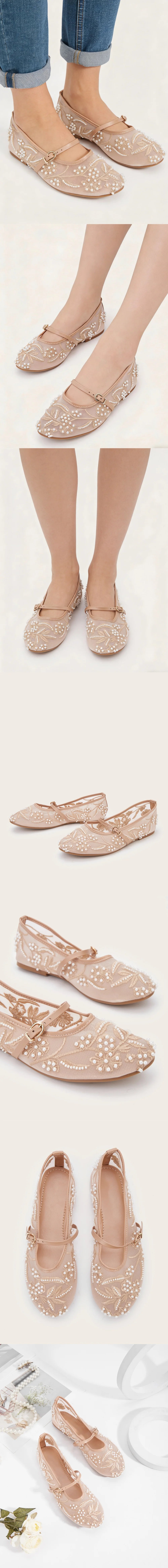 2026 Big size 42 Chic Nude Beading Flat Mary Janes Shoes Women Leisure Mesh Pearls Embroidery Comfy Walk Ballet Flats Shoes