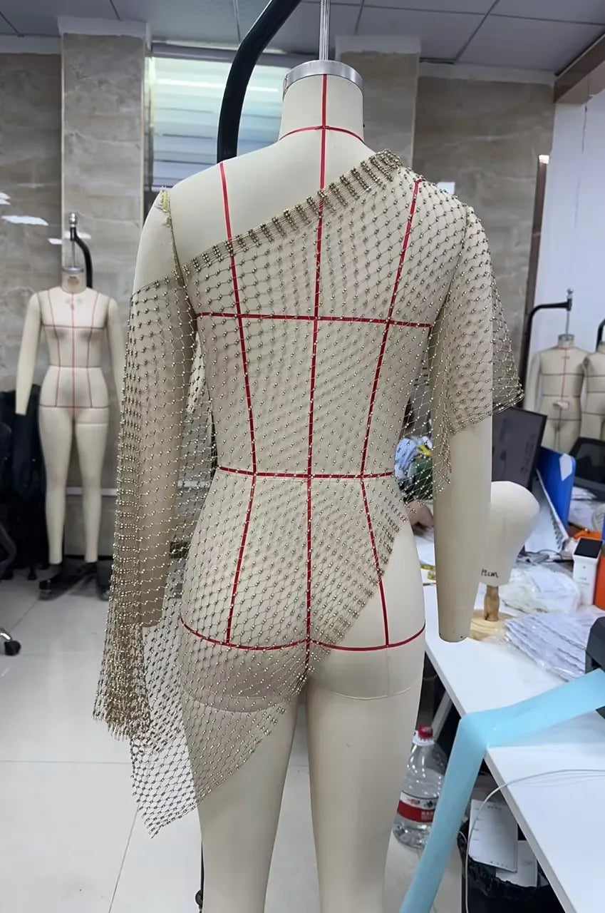 Women's Rhinestone Fishnet Mesh Top Sheer Sparkly One Shoulder Cover Up Crop Top Party Clubwear Festival Night Out Top