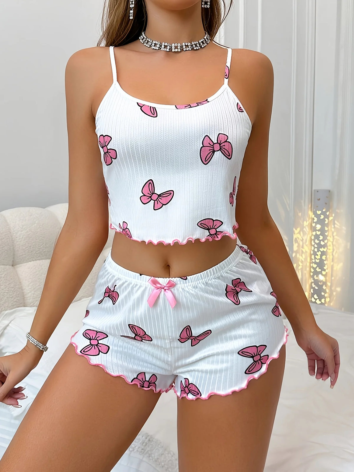 Women Summer Casual Two-Piece Pajama Set Bowknot Print Round Neck Camisole and Shorts Set Home Clothes Loungewear