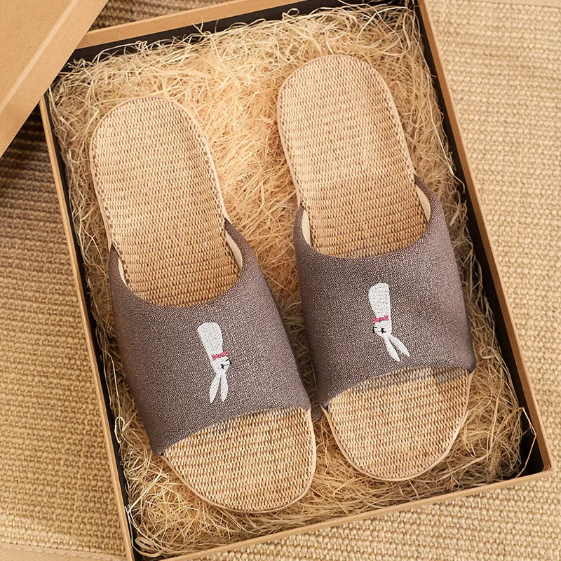 Breathable Cotton Flax Slippers For Women Men Indoor Shoes Anti-slip Light Weight Cute Cartoon Couples Home Floor Slides