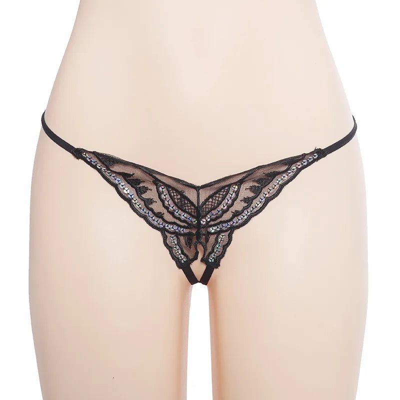 Double-Layer Thin Strap Sexy Thong Butterfly Embroidery Low Waist Sexy Bikini Pure Lace Sequins T-Shaped Panties Sexy G-strings