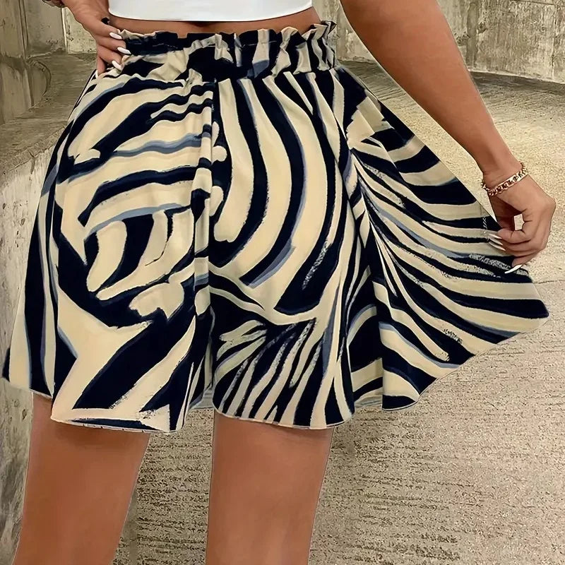 Print Loose Wide Leg Shorts for Women Shorts Summer Casual Elastic Waistband A-Line Shorts Chic Ladies Holiday Beach Shorts