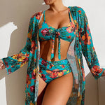 2025 Three Pieces Bikini Set Cover Up Swimwear Women Swimsuit Print Long Sleeve Push Up Bathing Suit Beachwear Swimming Biquini