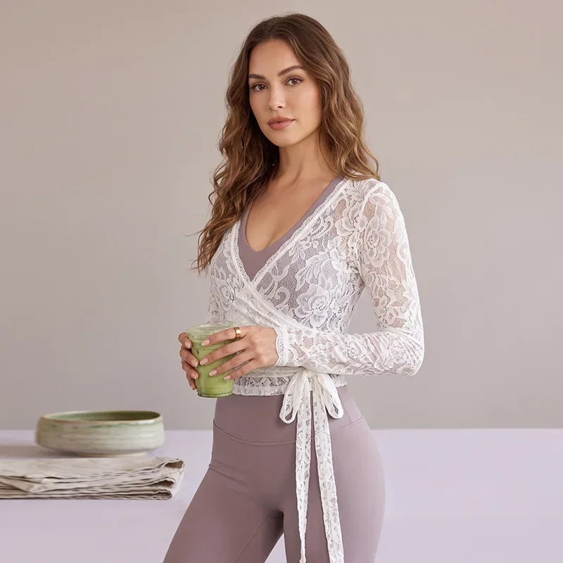 FDYOUI Women's V-neck Long Sleeve Lace T-shirt 2026 Ladies Chic Bandage Lace Tee Shirts Pink Streetwear Girls Slim Crop Tops