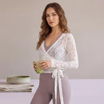 FDYOUI Women's V-neck Long Sleeve Lace T-shirt 2026 Ladies Chic Bandage Lace Tee Shirts Pink Streetwear Girls Slim Crop Tops