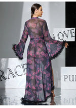2026 New Women Elegant Butterfly Print Mesh Robe Big Flare Sleeve Lace Up Tassel Fringe High Slit Bathrobe Loungewear