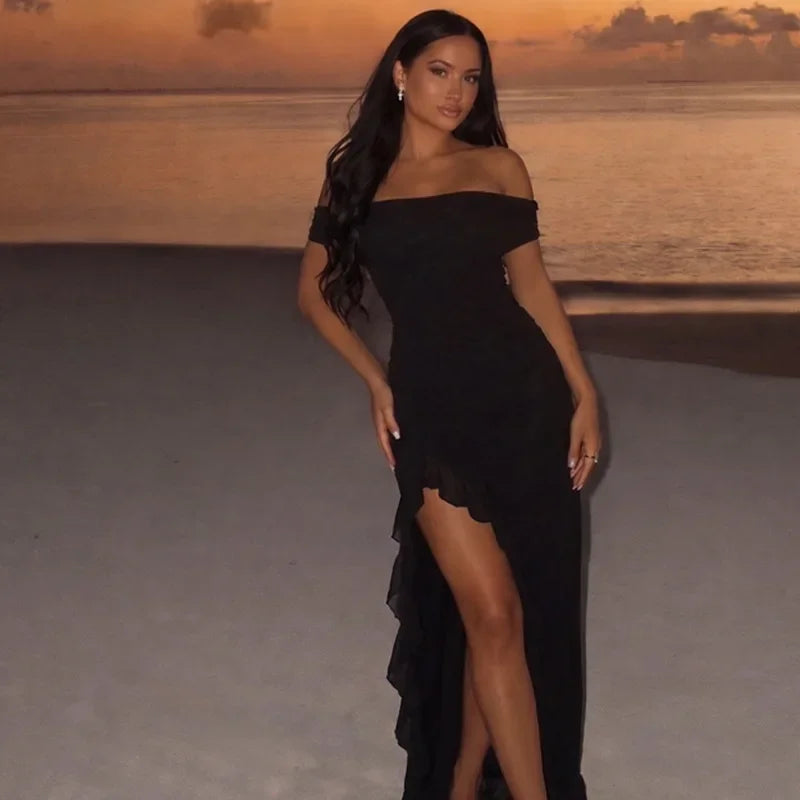 FDYOUI Elegant Slash Neck Ruffles High Slit Long Party Dresses for Women 2026 Summer Sleeveless Bodycon Evening Dress Lady Gowns