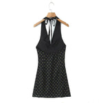 V Neck French Style Summer Women Dress Printed Boho Short Black Beach Dress Party Vintage Backless Tie Up Sexy Halter Dress 2025