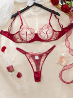 Sexy Red Floral Embroidery Lace Bra Thong Set Women Sheer Mesh Satin Trim 2‑Piece Intimate Lingerie Underwear Sleepwear ZA825287