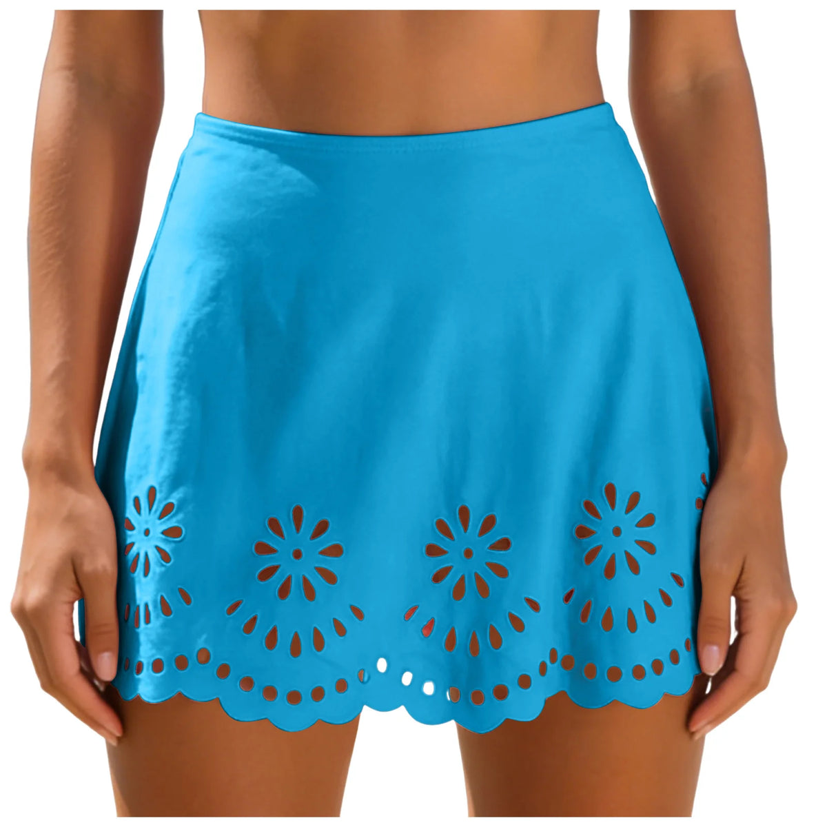 Women Solid High Waist Swim Skirts Hollow Out Floral Cutout Scalloped Hem A Line Bikini Cover Up Skirt Vacation Pool Beachwear