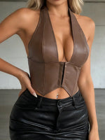 Women PU Leather Vest Deep V-Neck Sleeveless Halter Tank Tops Cross Tie-Up Back Sexy Retro Party Clubwear Streetwear