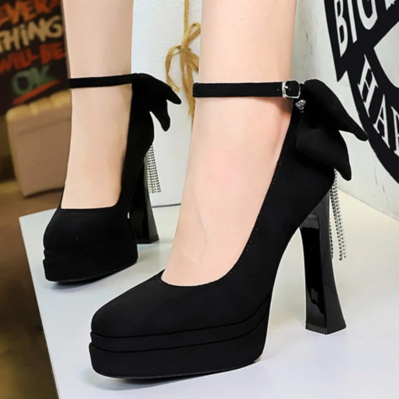 BIGTREE Women's Pointed Toe High Heels Back Bowknot Elegant Flock Ankle Strap Pumps for Women Black Dress Shoe Wedding Party