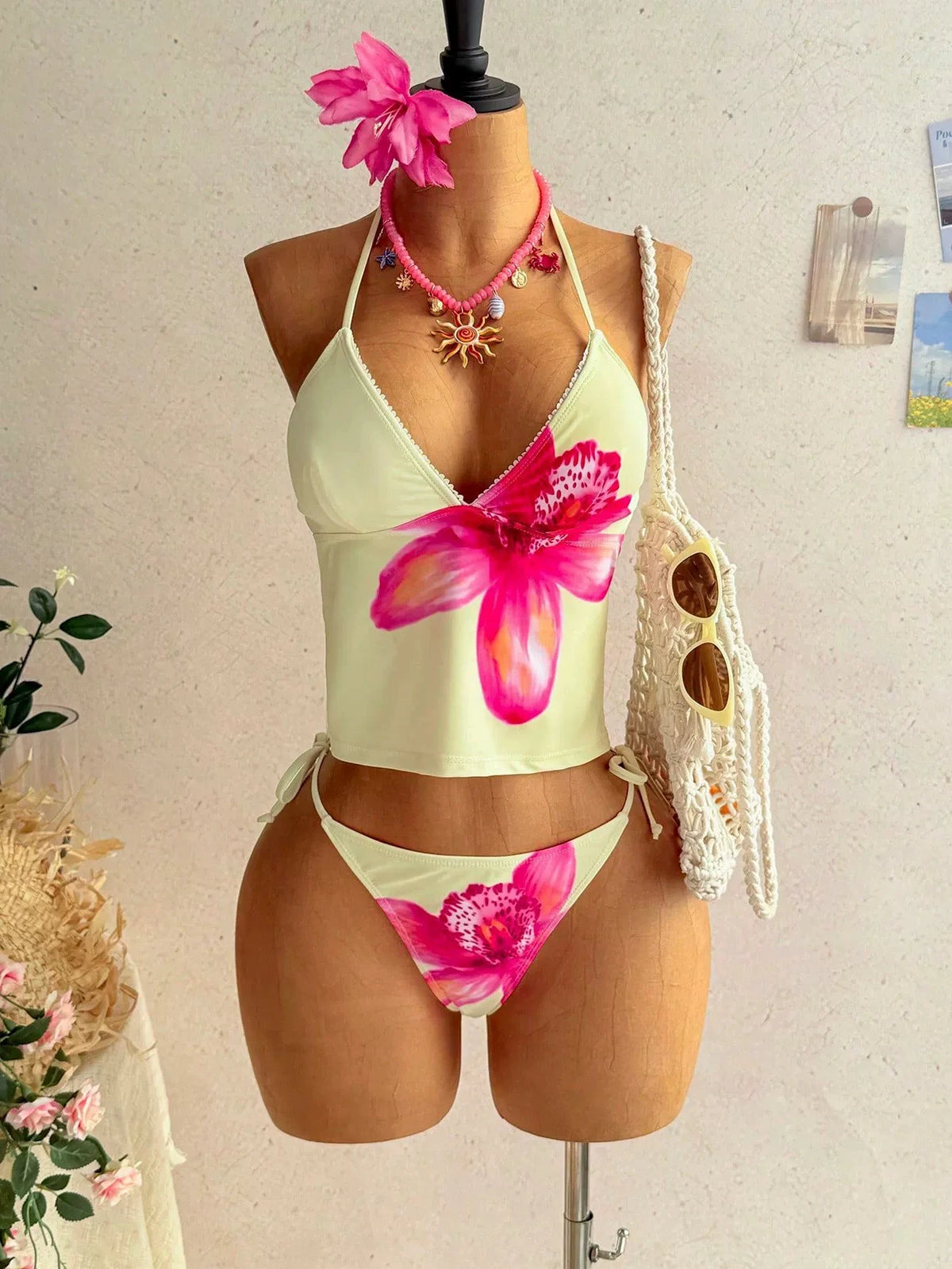 DEKA Brazilian Lace-up Bikini Set Lady Yellow Swimwear Women Strapped Print Tankini Set Backless Swimsuit Summer Beach Bath Suit