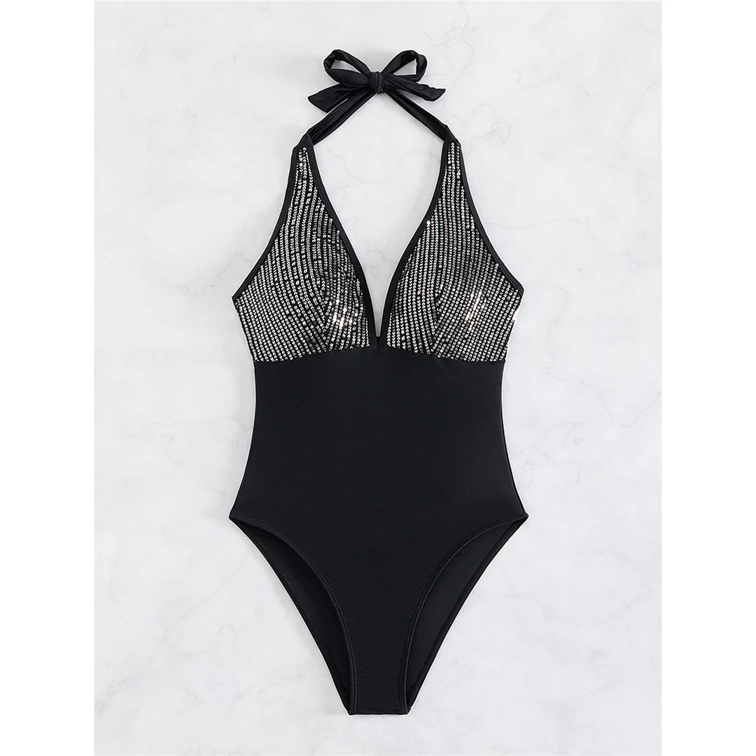 Sexy Shiny Sequins Deep V Backless Monokini Halter Women Swimwear One Piece Swimsuit Female Bather Bathing Suit Swim Lady K4996
