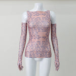 AHAgaga Sexy Tee T-shirt Women 2025 Summer Casual Letter Print Skinny See Through With Gloves Cropped Shirts Women Female Blusas