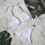 2026 Sexy Bikini Women Solid Halter Rhinestone Chain Bandage Swimwear Swimsuit Female Beach Bikinis Set Bathing Suit White/Black
