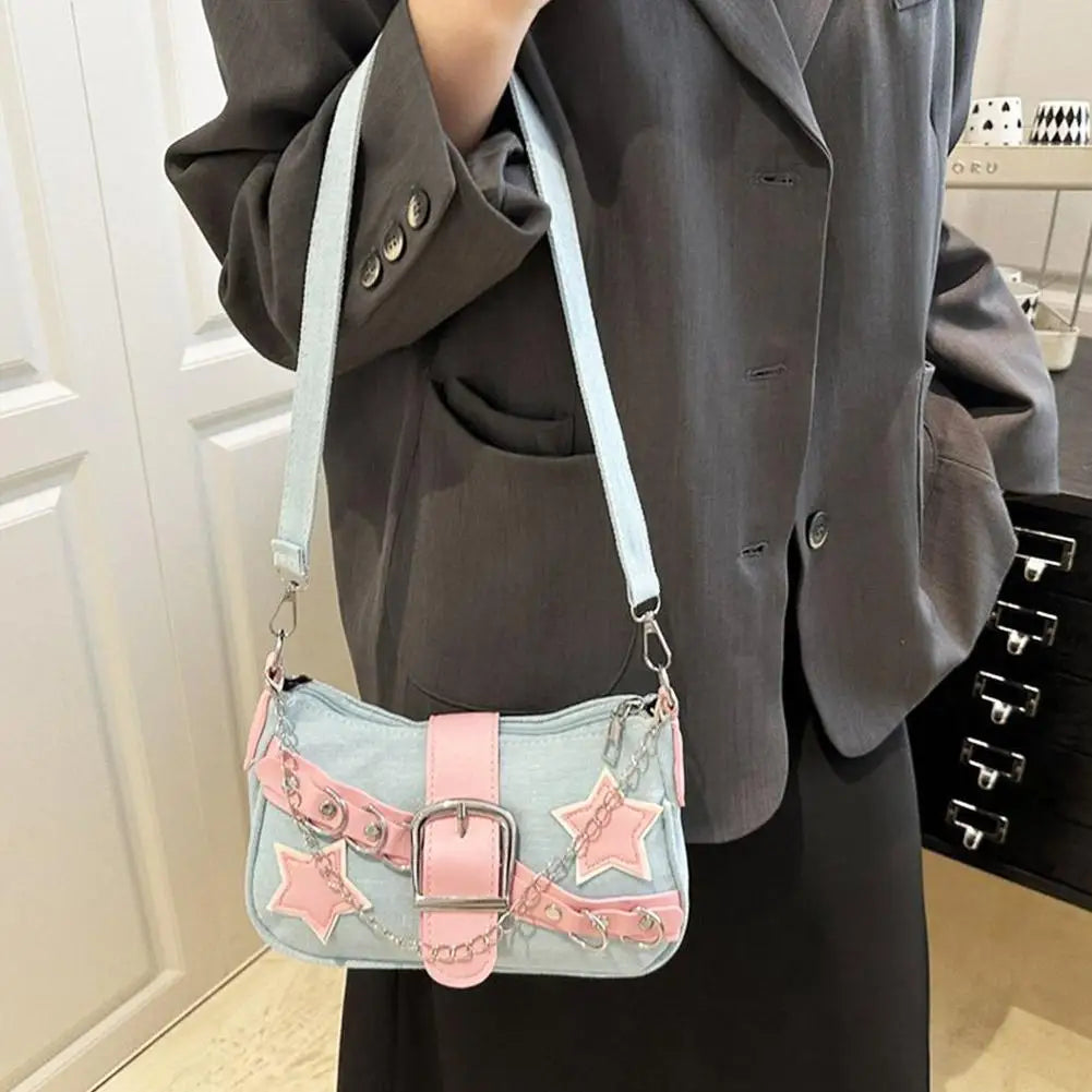 Fashion Women's Handbags Denim Stars Pattern Cool Girls Underarm Bag Female Small Shoulder Hobo Bags Chain Tote Bag