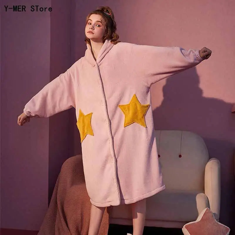 Unisex Men Women Warm Loungewear Dressing Gown Winter Thickened Coral Fleece Kimono Bathrobe with Star Pockets