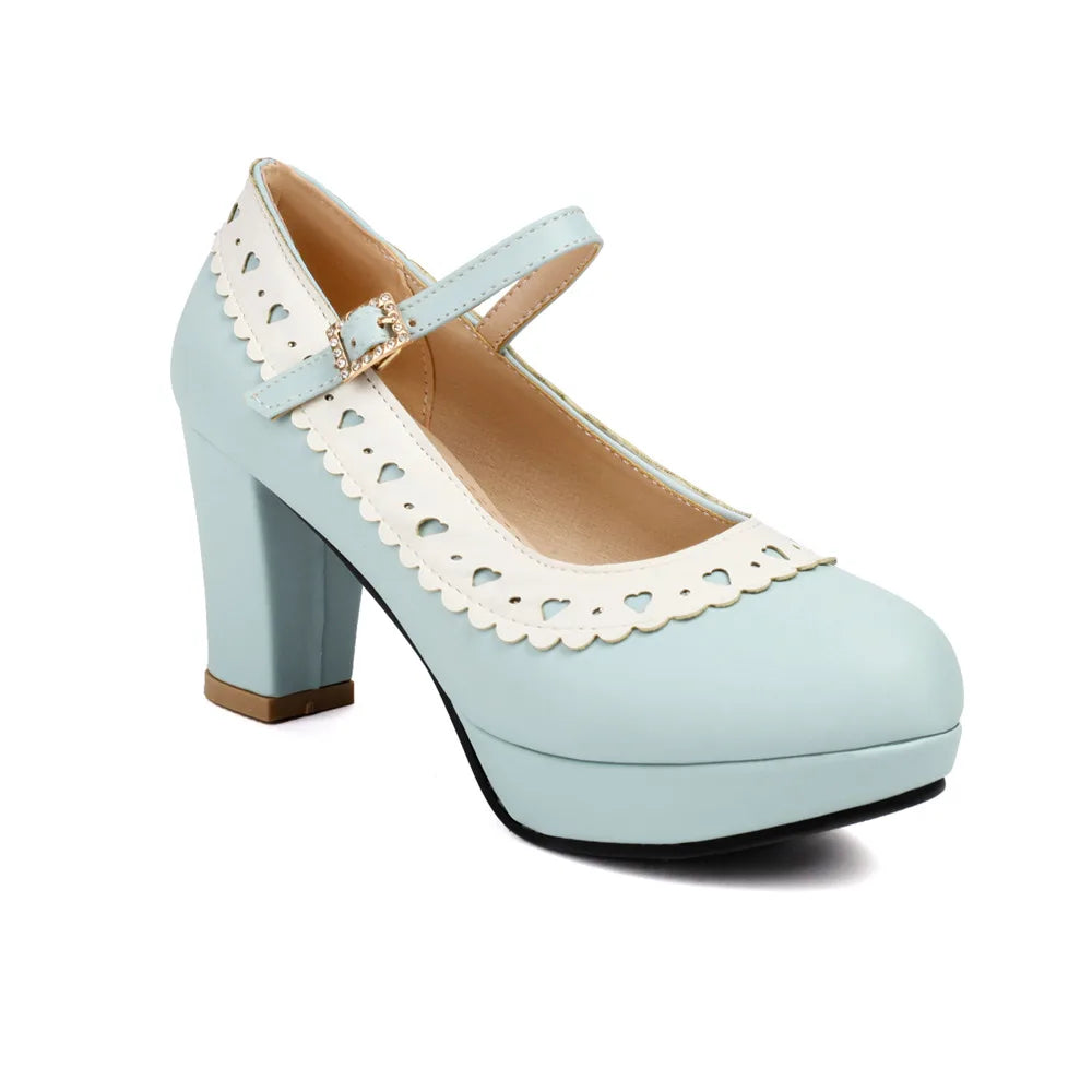 Plus Size 45 Sweet Mary Janes Shoes Women Cute Blue Block High Heels Lolita Pumps Lovely Pink Heart Edge Platform High-heeled