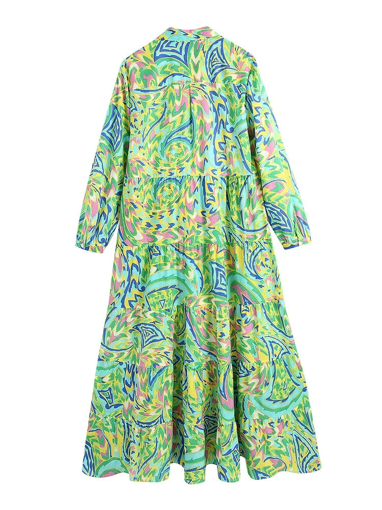 Foridol Paisley Print Shirt Dress Elegant Autumn Spring Green Dress Floral Print Boho Female Maxi Dress Long Sleeve Vestido 2025