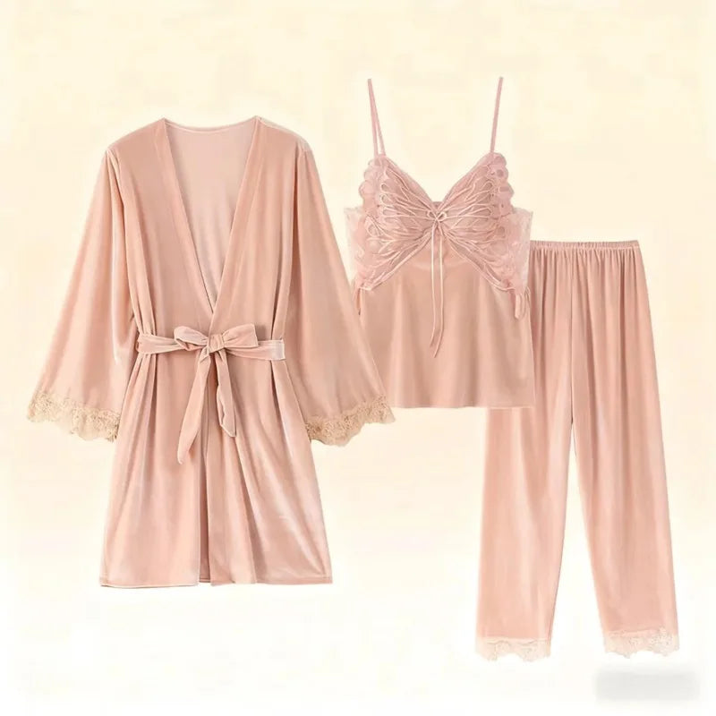 Sexy Butterfly Backless Velvet Sleepwear Set Women's Home Clothes V-neck Long Sleeve Pants Comfortable Mid-weight 2025 New