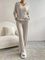 Autumn and Winter Casual V-neck Pocket Striped Knited Tops and Long Trousers Two-piece Sets, Women's Pajamas Set Sleepwear