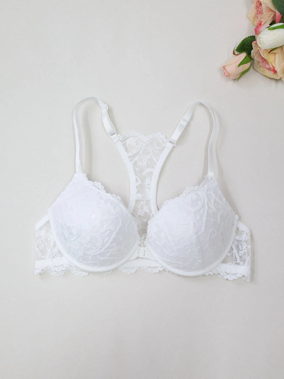 Women Floral Lace Back Bra Front Closure Push up Bra Adjustable Strap Padded Underwire Underwear Top