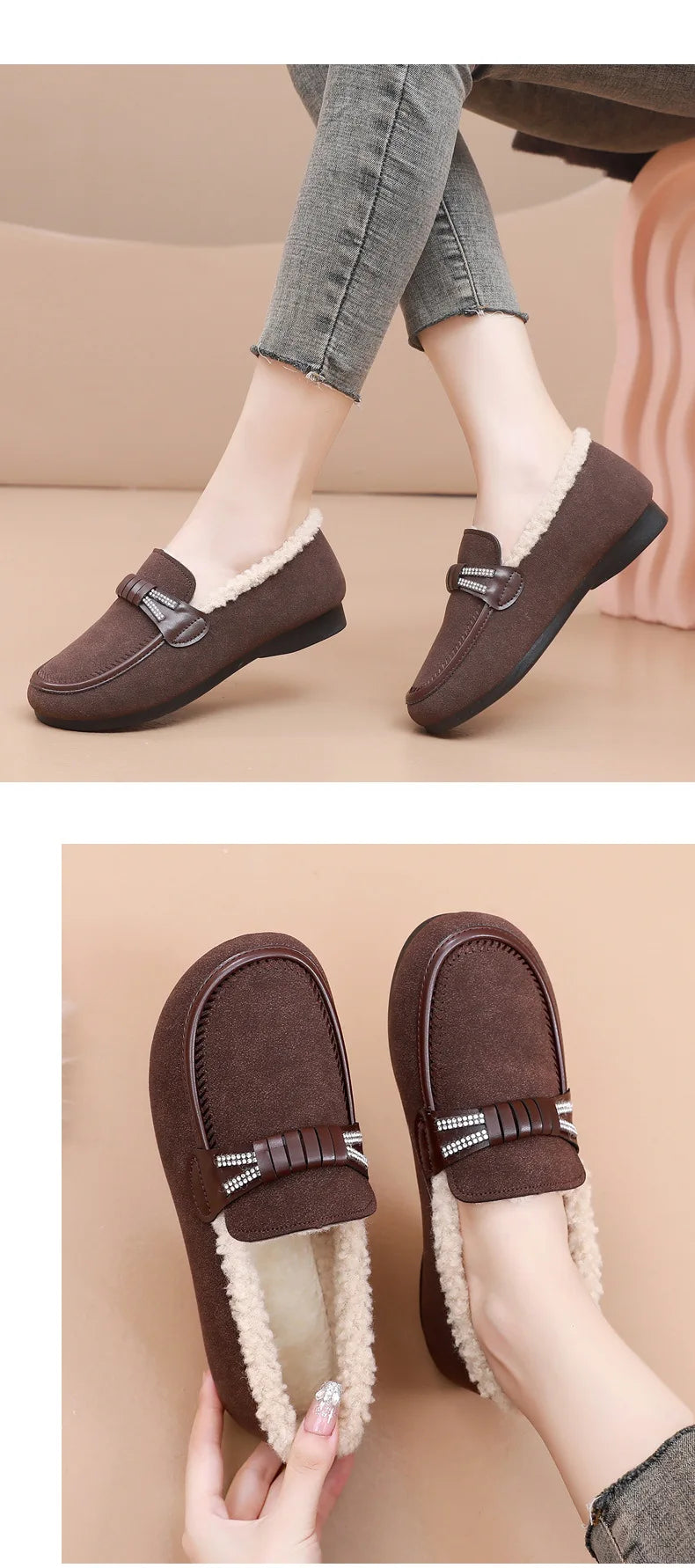 Retro Women's Slip on Flat Shoes White Women Soft Sole Non-slip Loafer Female Casual Plush Warm Cotton Shoes Zapatillas Mujer