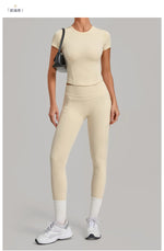 Women Tracksuit Yoga Sets Short Sleeve Slim Sports T Shirts Workout Clothes Outdoor Tight High Waist Pocket Pants Fitness Suits